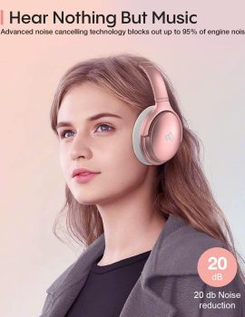 INFURTURE Upgrade Rose Gold Active Noise Cancelling Headphones with Microphone Wireless Over Ear Bluetooth, Deep Bass, Memory Foam Ear Cups, Quick Charge 90H Playtime, for TV, Travel, Home Office
